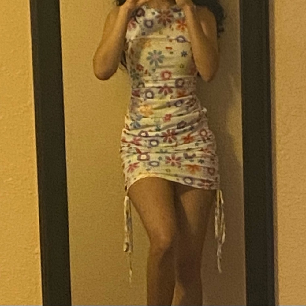 white ruched floral bodycon dress